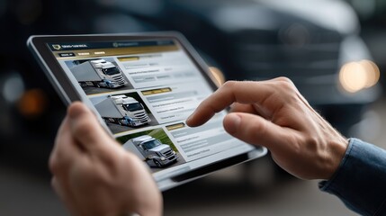 A tablet shows performance data while delivery vans are parked in a spacious warehouse, emphasizing logistics operations