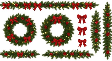 Festive Holiday Evergreen Garland and Wreath Decorations with Red Bows and Lights