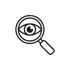A black and white line drawing of a magnifying glass with an eye inside the lens on a white background