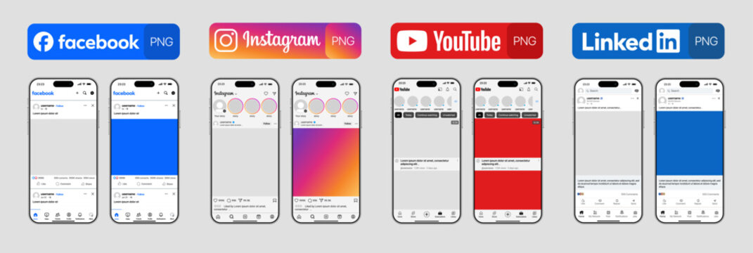 Facebook Instagram YouTube LinkedIn 2025 ultimate social media mockup pack showing feeds, stories, reels, posts, profiles, messages, comments, notifications, ads, and insights in modern vector design