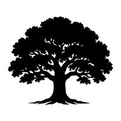 A majestic silhouette of a large oak tree with a sprawling canopy against a white background
