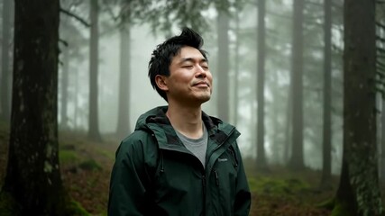 Peaceful man in green jacket breathing fresh air in a serene misty forest.