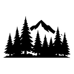 Obraz premium Silhouette of a dense evergreen forest with a jagged mountain peak rising majestically behind the trees