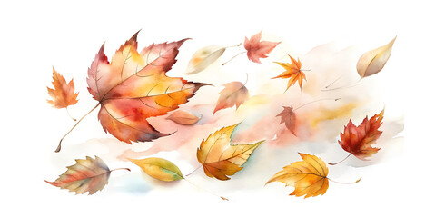 Dynamic watercolor illustration of bright orange and red maple leaves caught in a gust of wind, symbolizing the change of season, movement, and the beauty of fall.