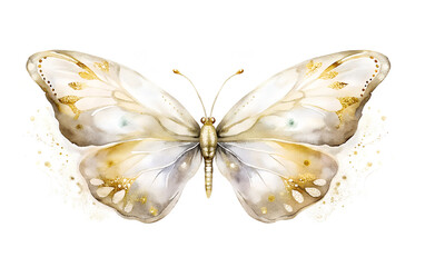 Exquisite watercolor illustration of a butterfly with white and cream wings adorned with luxurious golden glitter accents.