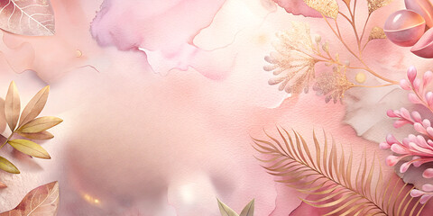 abstract background created with alcohol ink and watercolor effect in soft pink, blush, and golden tones, accented by delicate botanical and floral elements, wedding invitation, feminine branding