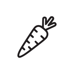 A simple black outline of a carrot with small leaves on top isolated on a white background space view