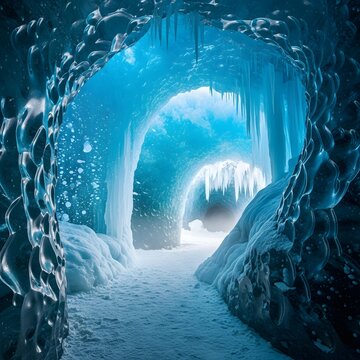 A stunning blue ice cave with multiple archways and icicles, illuminated by natural light
