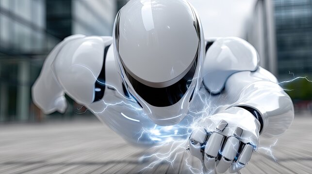 A robotic hand releases sparks while moving through a busy city street, highlighting the integration of technology in modern life