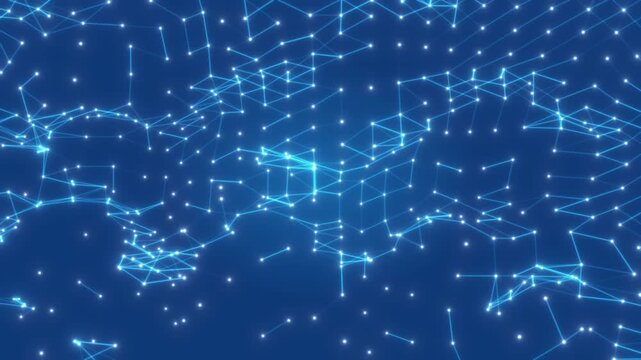 Abstract connected dots and lines. Concept of Motion of digital data flow. Communication and technology network concept with moving lines and dots. 3D rendering