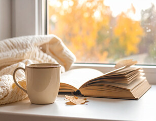 A cozy room with a book and a warm drink. Concept of an autumn day 