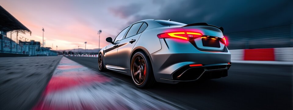 Une voiture de sport grise roulant dans la ligne droite d'un circuit automobile &agrave; la tomb&eacute;e de la nuit, feux allum&eacute;s, flou de mouvement, impression de vitesse, vue panoramique.