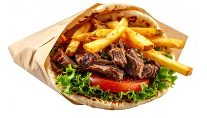 A gyro sandwich wrapped in paper with meat, fries, lettuce, and tomato