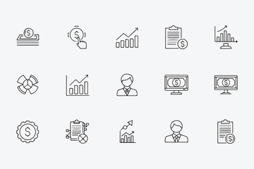 Financial and business icons, including charts, graphs, money, and management for design and illustration purposes