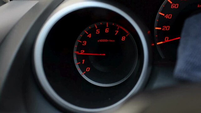 Digital Car Speed Meter and Tachometer Pointer &ndash; Close-Up of Modern Vehicle Dashboard Showing Engine Speed and RPM on Illuminated Digital Dial Panel in 4K Ultra HD
