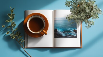 A photograph written in marker on an open notebook, next to a cup of coffee and a plant. Generative AI.