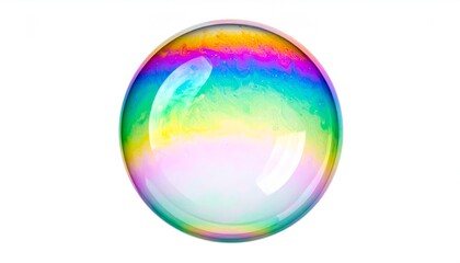 A large, spherical iridescent bubble floats against a white background. The colors are vivid