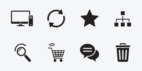 Set of eight vector icons, representing computer, refresh, star, flowchart, search, shopping cart, chat, and trash