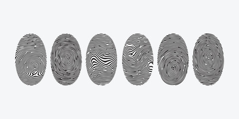 Collection of six unique fingerprint designs on a, ideal for security, identification, and biometric technology concepts