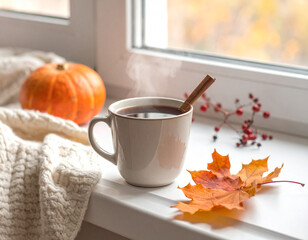Cup of hot autumn coffee or tea on the window. Living in Hygge style. Hot drink in co