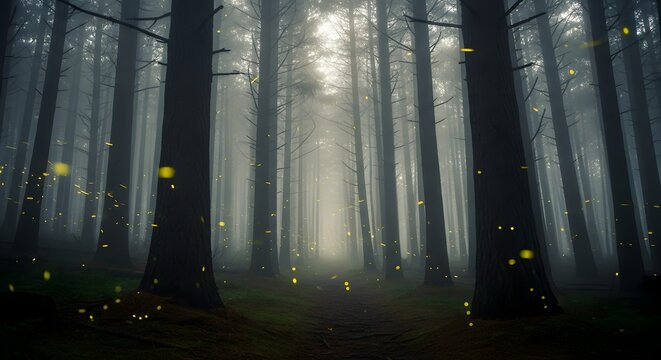 Enchanted forest at twilight with glowing fireflies illuminating the misty path