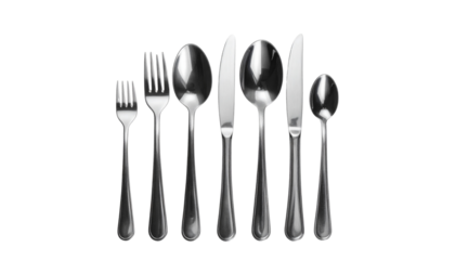 Modern cutlery set including fork, spoon, and knife isolated on transparent background