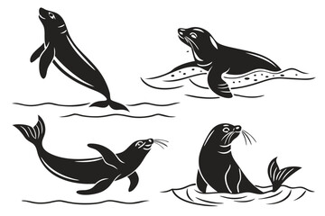 Fototapeta premium Playful sea lion swimming icon set minimalist design