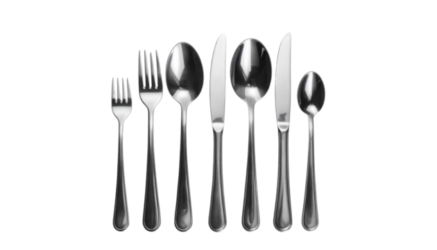 Modern cutlery set including fork, spoon, and knife isolated on transparent background - Powered by Adobe