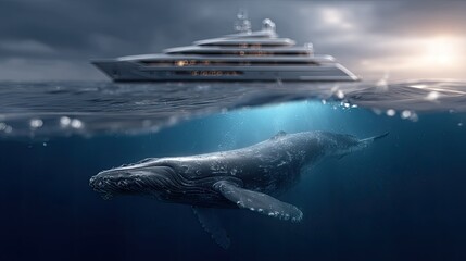 Fototapeta premium A whale glides through the water near a dining area with guests enjoying their meals and scenic views of the surroundings