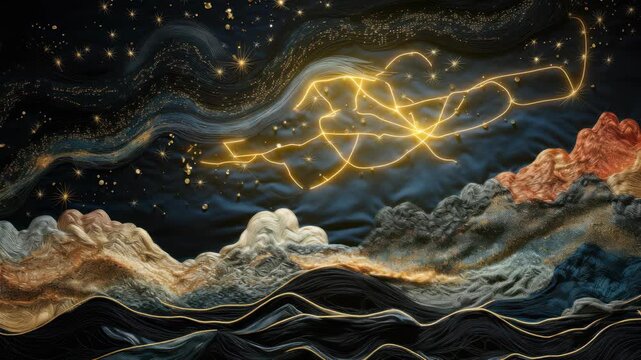 Aerial view of a surreal night sky with swirling clouds and stars, resembling a dreamy video animation with textured, flowing patterns. Live desktop wallpaper.