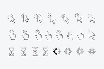 Set of cursor icons in different styles collection of mouse pointers, hand cursors, and hourglass symbols vector illustration