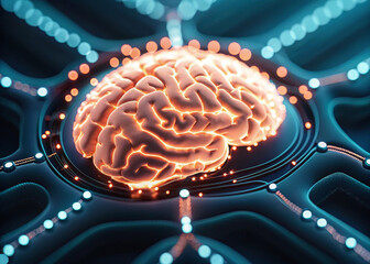 Human ai fusion brain glowing link nodes transparent neural network cyber brain glowing cortex neural nodes digital synapse linked network luminous grid technology concept cybernetic mind data
