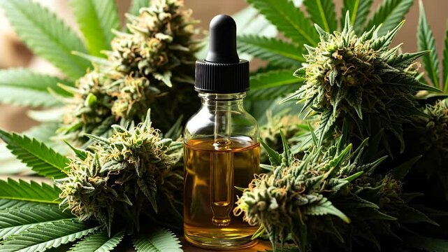 Natural cbd oil in dropper bottle with cannabis plant. Plant base medicinal product for health and modern medicine.