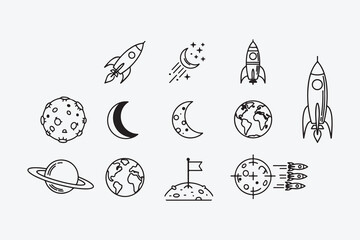 Space icon set, outline style contains icons as rocket, moon, planet, earth, satellite, and more vector illustration
