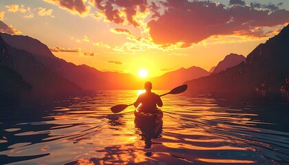 Kayaker paddles at sunset on a calm lake between mountains