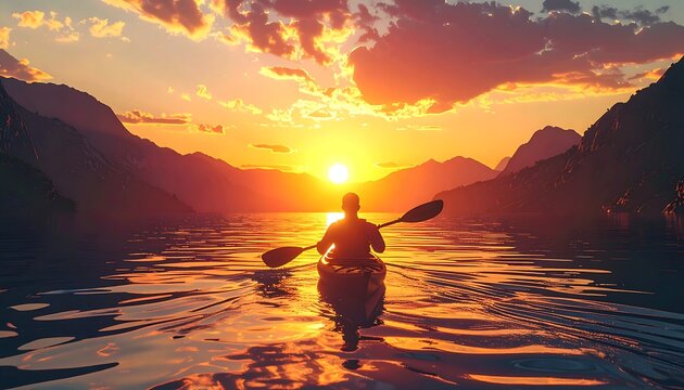 Kayaker paddles at sunset on a calm lake between mountains - Powered by Adobe