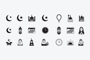 Set of islamic icons, includes crescent moon, mosque, prayer beads, calendar, clock, lantern, and muslim woman in simple style