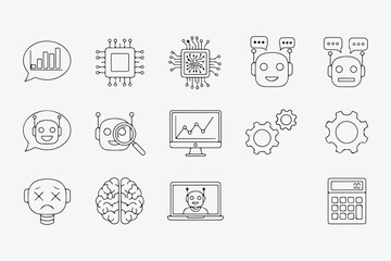 Artificial intelligence and machine learning icons set, representing various aspects of ai technology