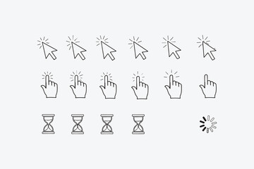 Set of cursor icons includes arrow, hand, hourglass, and loading symbols for user interface design and web development