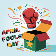A red boxing glove bursts upward from an open gift box next to festive confetti and stars, capturing a punchline surprise moment for April Fools’ Day. This playful, whimsical scene fits seasonal humor