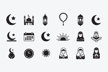 Collection of islamic icons includes symbols such as crescent moon, mosque, lantern, prayer beads, and muslim woman