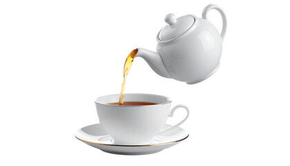 Ceramic teapot pouring tea into cup isolated on transparent background