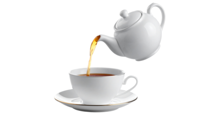 Ceramic teapot pouring tea into cup isolated on transparent background