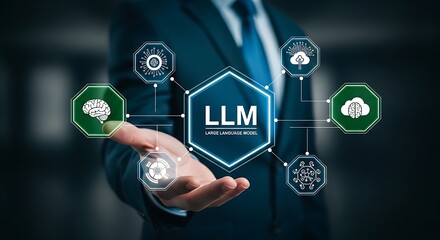 Futuristic concept of artificial intelligence and large language models (LLM) with glowing AI icons and human hand interface. Innovation in machine learning