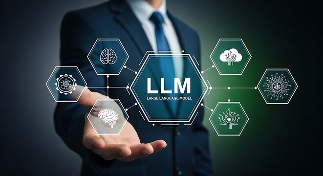 Futuristic concept of artificial intelligence and large language models (LLM) with glowing AI icons and human hand interface. Innovation in machine learning