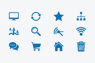 Collection of blue web icons includes computer, refresh, star, network, people, search, click, wifi, chat, cart, home, trash