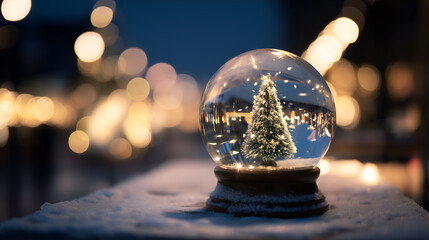 A festive snow globe with a miniature tree inside is set against a background of warm, blurred lights for a magical holiday scene.
