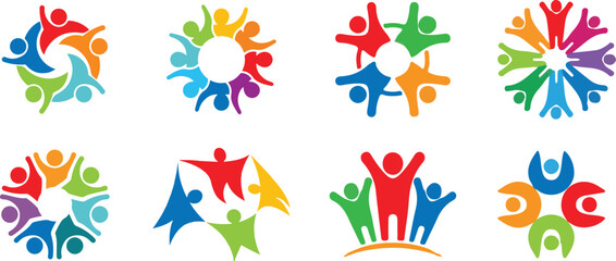 Teamwork and Unity Icons Set &ndash; Colorful People Circle Logos, Community, Partnership, Diversity, and Collaboration Vector Symbols for Business, Charity, and Social Design