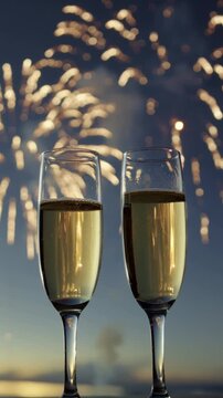 Two tall champagne flutes against a backdrop of golden fireworks shooting upward. A vertical video backdrop for a holiday greeting card.