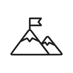 A minimalist line drawing of two mountains with a flag on the highest peak against a white background
